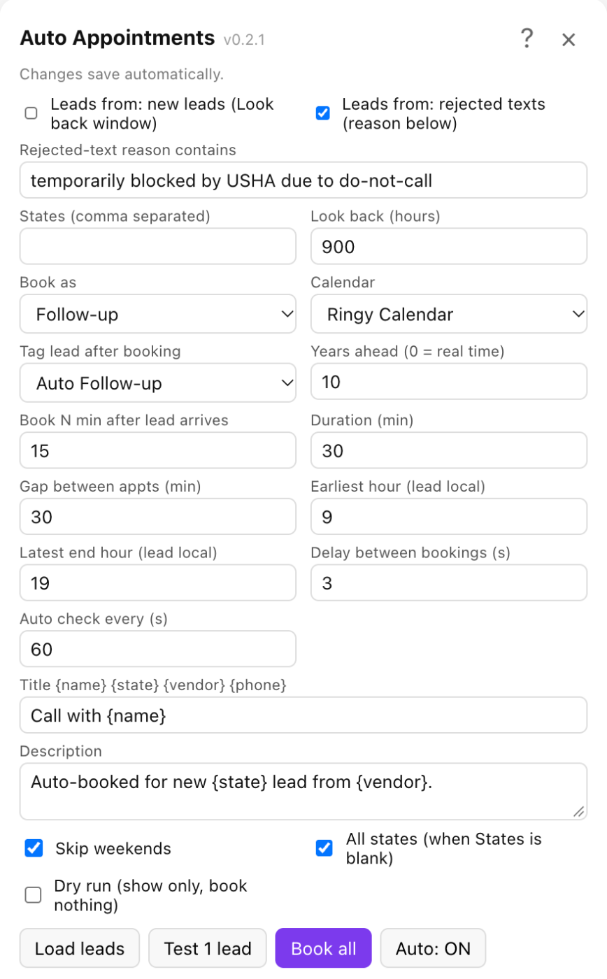 The Auto Appointments settings panel